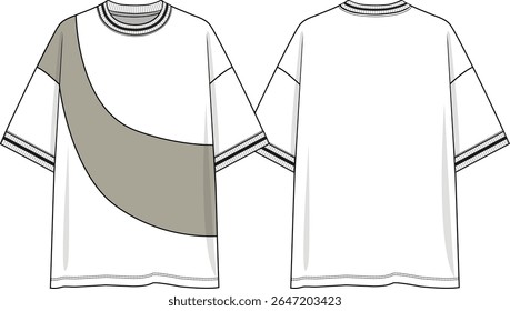 Men crew neck oversized white t-shirt dropped shoulder, asymmetrical curvy cut at front only, sketch front and back, khaki front inserts, white and black yarn dye rib at neck and cuffs, vectors
