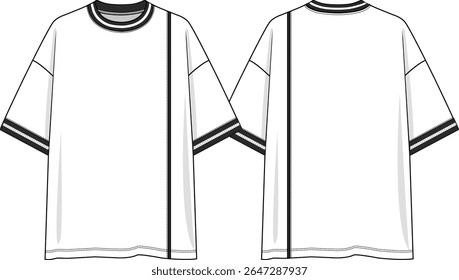 Men crew neck oversized white t-shirt with vertical cut on wearer left side, black piping, black and white yarn dye rib at neck and cuff, short sleeves dropped shoulder, sketch front and back, vectors