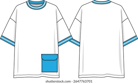 Men crew neck oversized white t-shirt short sleeves with dropped shoulder, wearer left blue patch pocket at bottom hem, blue and white yarn dye rib at neck and cuffs, sketch front and back, vectors
