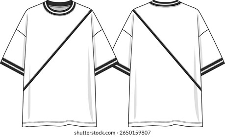 Men crew neck oversized white t-shirt with short sleeves dropped shoulder, slanted cut with black piping, black and white yarn dye rib at neck and cuff, sketch front and back, vectors