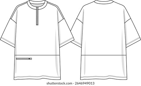 Men crew neck with quarter zipper, oversized t-shirt with zipper on wearer right side near bottom hem, short sleeves with dropped shoulder, bottom cut, sketch front and back, vectors
