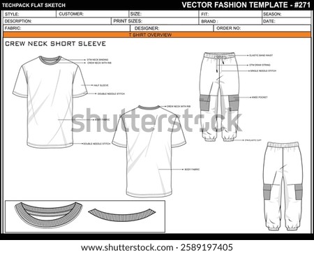 MEN CREW NECK T SHIRT SHORT SLEEVE SKETCH FASHION TEMPLATE TECHNICAL DRAWING ILLUSTRATION