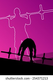Men crossfit weight lifting sport silhouettes abstract background illustration vector
