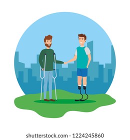 men with crutches and prosthesis characters