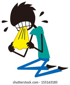 Men cry while chewing a handkerchief