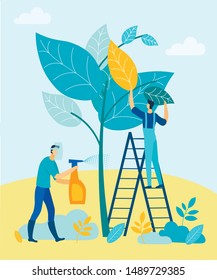 Men Cultivate Garden Trees with Chemicals. Fight Pests. Vector Illustration. People on Farm. New Technologies. Working Together in Garden. Family Business. Take Care Plants. Handle Garden from Pests.