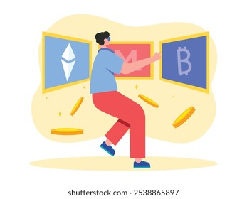 Los hombres están obteniendo actualmente los mayores beneficios de la inversión en criptomonedas. Diseño de personajes. Ilustración plana de Vector