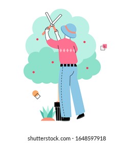 Männer schneiden Pflanzen im Garten im Frühling flache Vektorillustration Design Illustration
