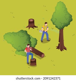 Men cutting trees isometric 3d vector concept for banner, website, illustration, landing page, flyer, etc.