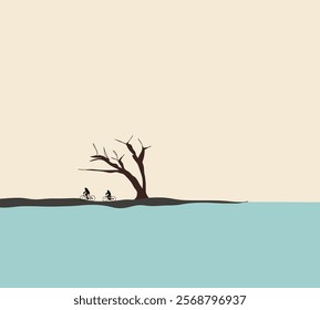 Men cycling bicycle on island near bare tree with sea view. Outdoor leisure holiday vacation activity. Minimal art design.