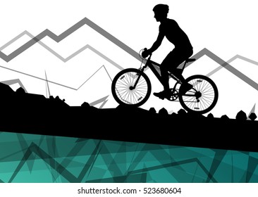 Men cyclist bicycle rider sport silhouette in mountain wild nature landscape background illustration vector