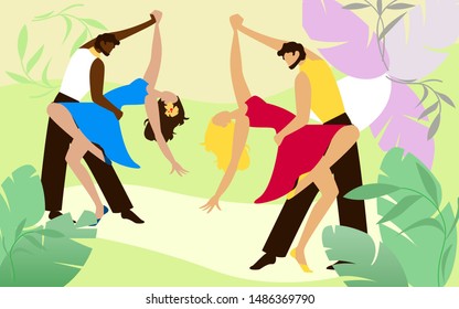 Men Dance with Women in Bright Dresses in Park. Dancers Dance Incendiary Dances. Brazilian Dance Festival. Women in Blue and Red Dress. Vector Illustration. Joy and Fun. Dance Support.