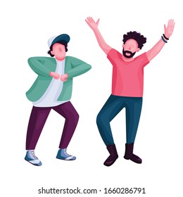 Men dancing flat color vector faceless character. Stylish friends at nightclub disco party. Modern dance, guys at discotheque isolated cartoon illustration for web graphic design and animation