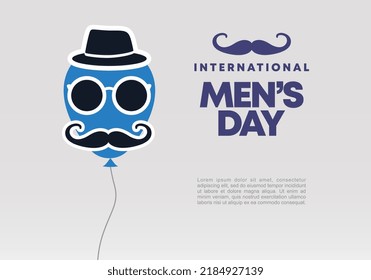 Men day background banner poster with moustache, balloon, hat and glasses on grey color.