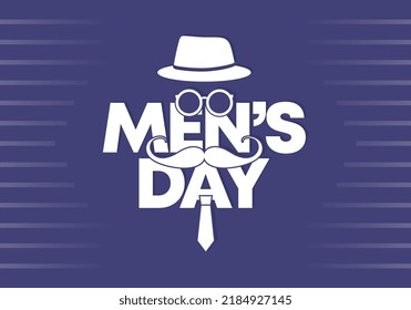 Men day background banner poster with hat, glasses, moustache and tie on blue color.