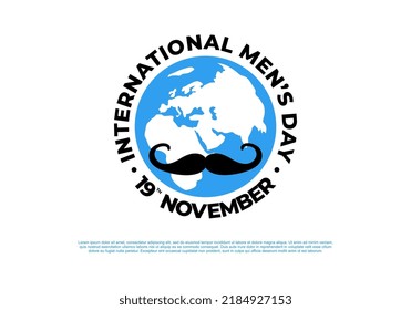 Men day background banner poster with moustache and world globe on white color.