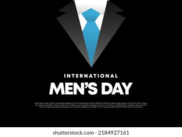 Men day background banner poster with cool suit and blue tie on black color.