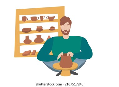 Men decorating pot on pottery workshop. Pottery banner vector illustration. Pottery school, ceramic cources,