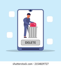 Men delete or uninstall apps on phone. Cache, spam concept for banners, website designs, or landing web pages. Flat design illustration.