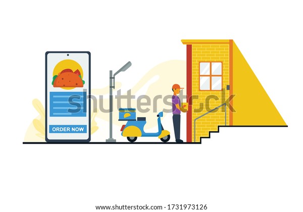 men\
delivering food orders ordered via smart phones, suitable for\
illustration, promotion or ordering\
instructions