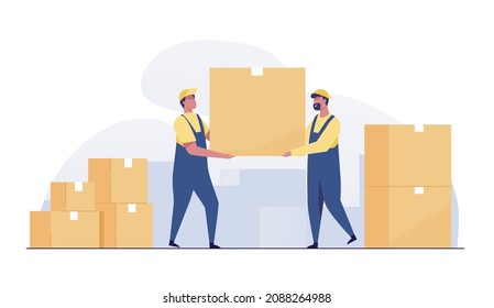 Men Delivery service with boxes. Warehouse workers.