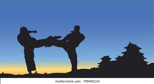 Men demonstrate karate.