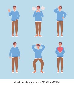 Men demonstrating different emotions semi flat color vector characters set. Editable figure. Full body people expressions. Simple cartoon style illustration for web graphic design and animation pack