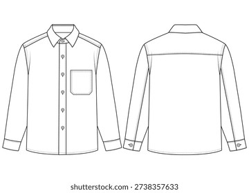 Men Denim Overshirt Technical Flat Vector Front and Back View