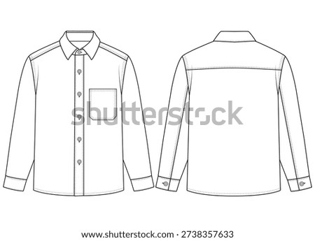 Men Denim Overshirt Technical Flat Vector Front and Back View
