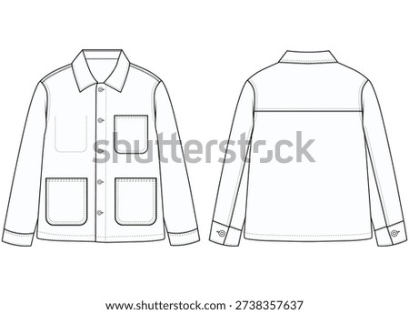 Men Denim Overshirt Technical Flat Vector Front and Back View