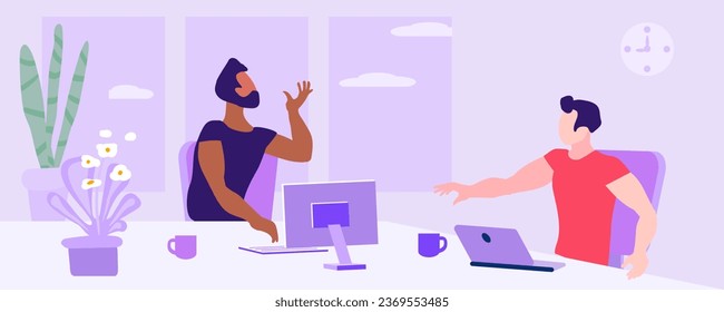 Hombres en el escritorio hablando emocionalmente. Un lugar de trabajo cómodo. Conversación emocional. Ilustración del vector