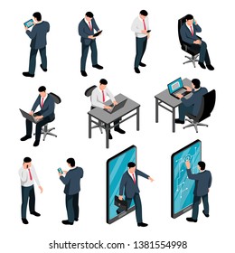 Men with device isometric set of male characters holding smartphones texting talking and working using laptop isolated vector illustration