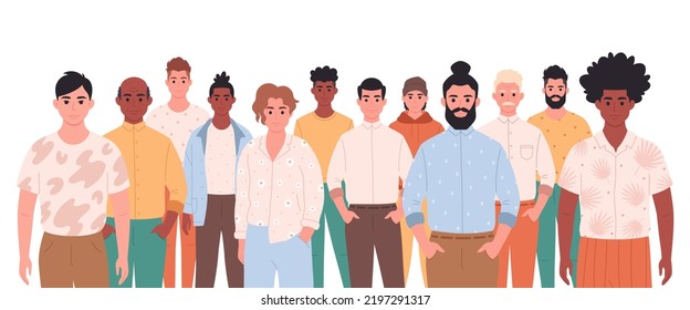 Men of different age, races, appearance. Multicultural society. Social diversity of people in modern society. Fashionable casual outfit. Hand drawn vector illustration