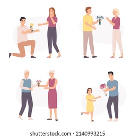Men different ages give bouquet of flowers. Vector gift bouquet for happy people, man present flowers to person illustration
