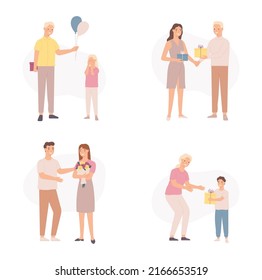 Men different ages give gift to women and kids. Boy presenting balloons to little girl. Couple holding presents for holiday, girlfriend carrying flowers, son with gift box for mother vector set