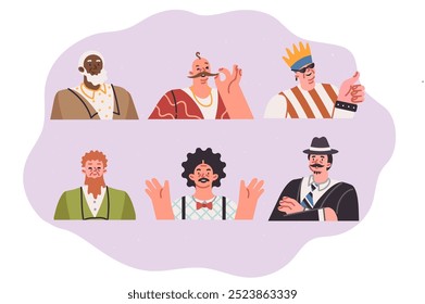 Men of different ages and nationalities demonstrate fashionable looks and hipster hairstyles. Elderly and young men showing thumbs up or waving hands in greeting while enjoying life