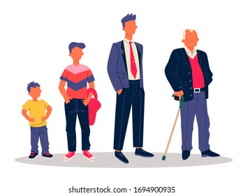 Men of different ages set. Child, teenage, adult, senior flat vector illustration. Generation, demography, family concept for banner, website design or landing web page