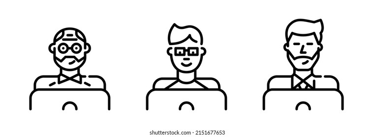 Men Of Different Ages Working Or Learning At Laptops. Pixel Perfect, Editable Stroke Line Art Icons