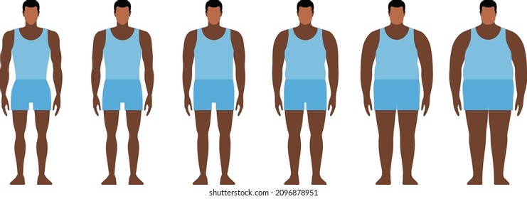 Men with different body masses. Flat vector illustration 