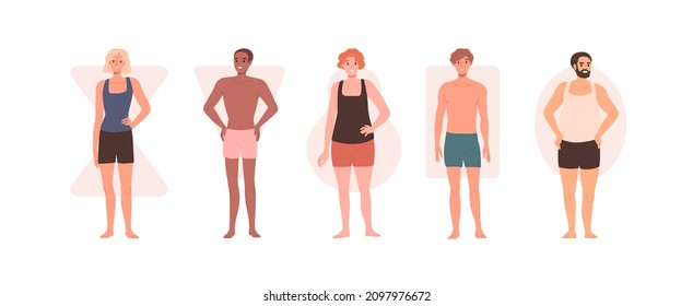 Men with different body shape types. Males in underwear, rectangle, triangle, hourglass, pear and apple anatomy. Slim and chubby people. Flat graphic vector illustration isolated on white background