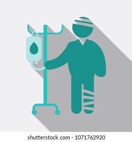 Men with different diseases. Flat style vector illustration isolated on background. Patient with a rewound leg and head and dropper