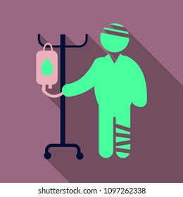 Men with different diseases. Flat style vector illustration isolated on background. Patient with a rewound leg and head and dropper