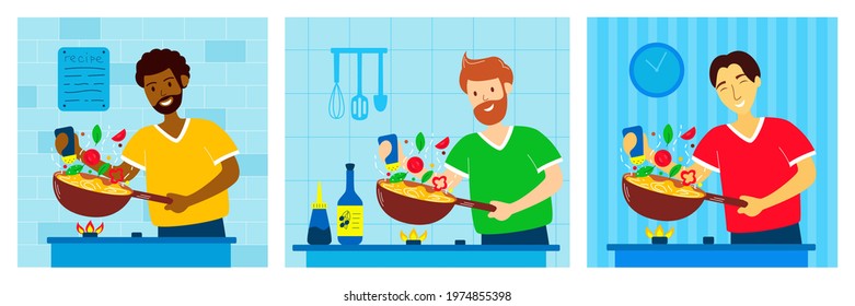 Men from different ethnic groups prepare meals in the kitchen. The guy salts food in a wok pan. Husband's household chores. Concept for stay-at-home dad doing domestic chores. Vector illustration