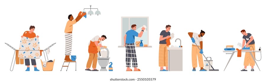 Men of different ethnicity doing house chores flat vector illustrations set isolated on white. Doing laundry, ironing, mopping, washing the toilet, windows, dishes, wiping the dust.