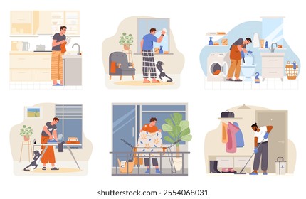 Men of different ethnicity doing house chores scenes flat vector set. Men doing house chores in the kitchen, bathroom, living room, hallway.