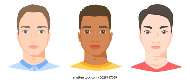 Männer mit unterschiedlicher ethnischer Herkunft, Rasse und Aussehen. Weiße, schwarze und asiatische Gesichter im flachen Stil. Vektorgrafik 