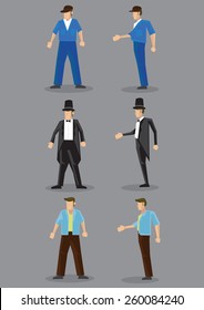 Men in different fashion style clothing in frontal and profile view. Vector cartoon character isolated on plain grey background.