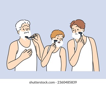 Men different generations shave together, demonstrating continuity of father and son with grandson. Boy and dad with grandfather shaving in bathroom using foam to avoid skin irritation