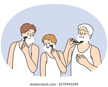 Men different generations shave together, demonstrating continuity of father and son with grandson. Boy and dad with grandfather shaving in bathroom using foam to avoid skin irritation