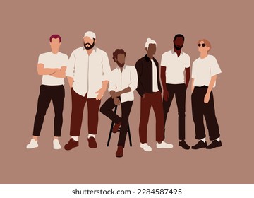 men of different nationalities and cultures stand together, togetherness concept, Vector flat illustration on the theme of unity